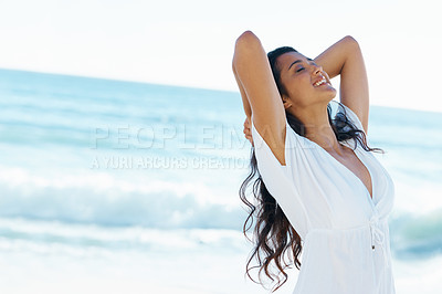 Buy stock photo Relax, summer and woman on beach with smile, waves and travel on holiday in Cancun with mockup space. Water, sun and girl on ocean vacation with adventure, sunshine and happiness on tropical island.