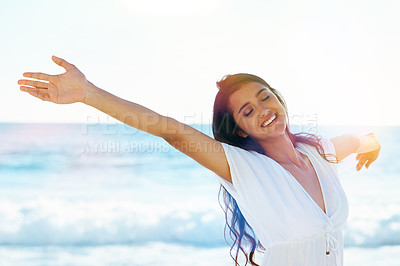 Buy stock photo Sunshine, freedom and happy woman on beach with water, blue sky and summer holiday in Indonesia. Smile, sun and girl on ocean vacation with adventure, travel and relax on tropical island in Bali.