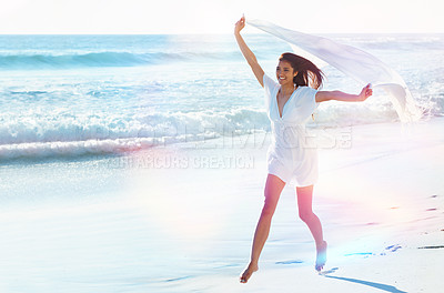 Buy stock photo Woman, beach and happy with fabric in wind for freedom, adventure or running with smile in nature by sea. Girl, person and excited with sarong on holiday, vacation or waves in lens flare in Indonesia