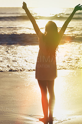 Buy stock photo Sunset, beach and woman stretching arms with water, freedom and excited for summer holiday in Australia. Relax, sun and girl on ocean vacation with adventure, travel and relax on tropical island.