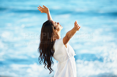 Buy stock photo Waves, freedom and woman on beach to relax with water, sunshine and summer holiday in Bali. Nature, sun and girl on ocean vacation with adventure, travel and relax on tropical island in Indonesia.