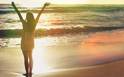Buy stock photo Sunset, beach and woman with freedom, space and water on excited for summer holiday in Cancun. Relax, sun and girl on ocean vacation with adventure, travel and flare on tropical island with mockup.