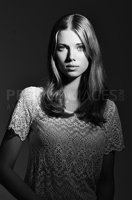Buy stock photo Black and white, fashion and portrait of woman on dark background with beauty, style and trendy clothes. Monochrome, aesthetic and face of serious person with confident, pride or attractive in studio