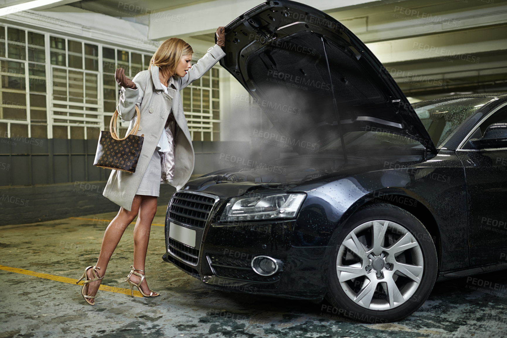 Buy stock photo Woman, car and smoke or engine breakdown in parking garage or blow gasket as mechanical failure, accident or stuck. Female person, fashion and transportation damage or auto repair, bonnet or cylinder