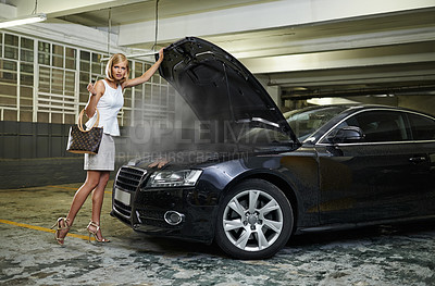 Buy stock photo Woman, portrait and car or smoke in engine at parking garage or blow gasket for mechanical failure, accident or stuck. Female person, fashion and transportation damage or auto, bonnet or cylinder