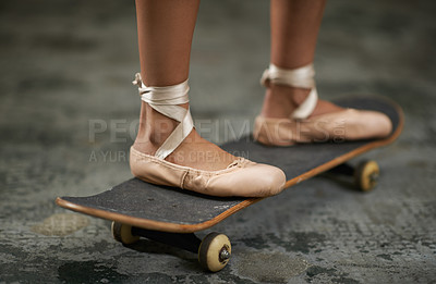 Buy stock photo A cropped image of a woman in ballet slippers on a skateboard
