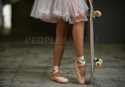 Buy stock photo A cropped image of a woman in ballet slippers on a skateboard