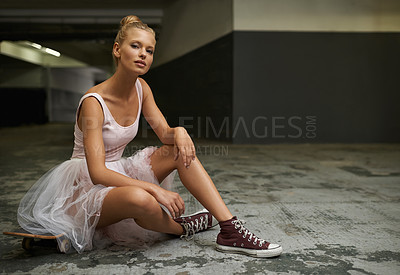 Buy stock photo Ballet, fashion and portrait of woman with skateboard for edgy outfit, trendy sneakers and hipster style. Parking lot, modern aesthetic and ballerina on floor for dance hobby, sports or skating skill