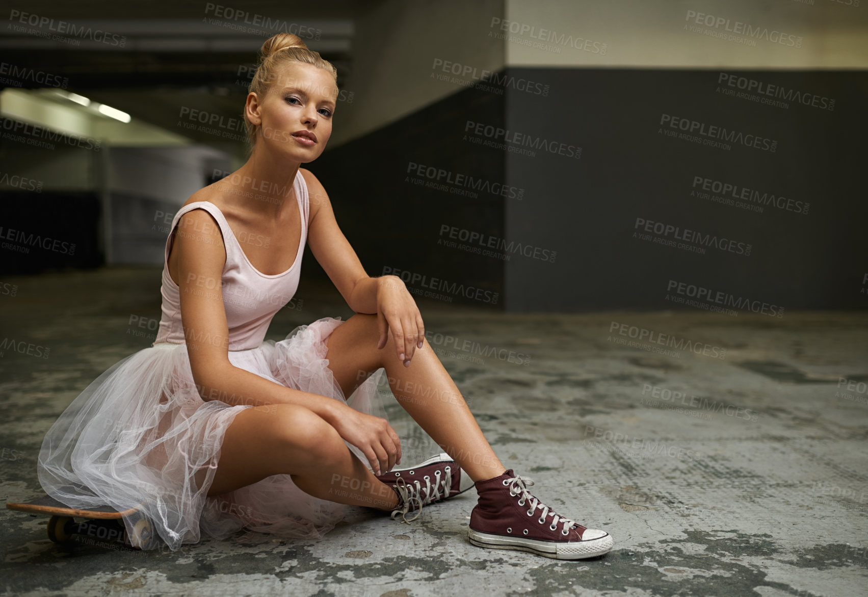 Buy stock photo Ballet, fashion and portrait of woman with skateboard for edgy outfit, trendy sneakers and hipster style. Parking lot, modern aesthetic and ballerina on floor for dance hobby, sports or skating skill