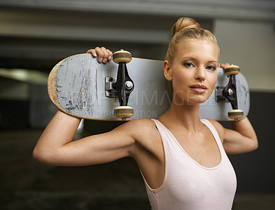 Buy stock photo Portrait, ballet and woman with skateboard for edgy fashion, trendy outfit and hipster style. Parking lot, creative aesthetic and ballerina with board for dance hobby, sports and skating skill
