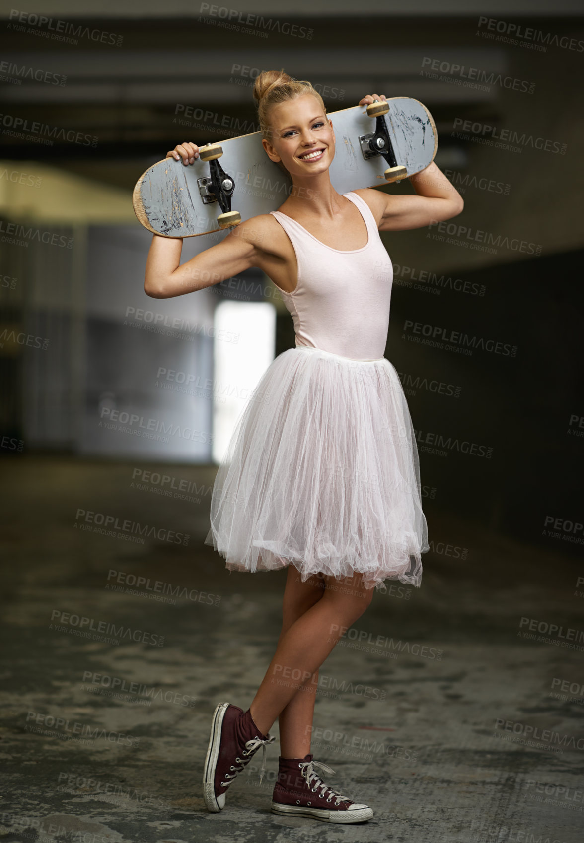 Buy stock photo Portrait, ballet and happy woman with skateboard and sneakers for edgy fashion, trendy outfit and hipster style. Parking lot, aesthetic and ballerina smile for dance hobby, sports and skating skill
