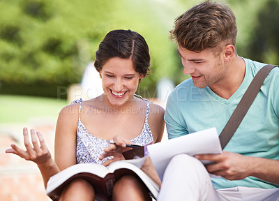 Buy stock photo Studying, university and couple on steps with books on campus for learning, knowledge and reading. Education, students and man and woman with textbook for information, exam preparation and college