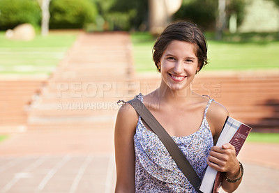 Buy stock photo A beautiful young student standing on campus smiling at the camera