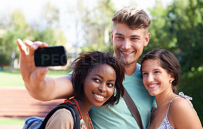 Buy stock photo University, friends and students for selfie at college for learning, studying together and knowledge. Education, school and happy man and women take picture for social media, online post and bonding
