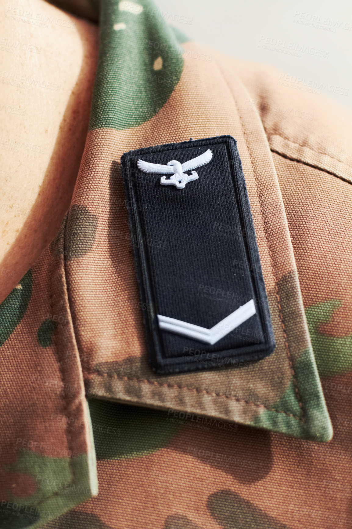 Buy stock photo Closeup shot of a battalion insignia on a shoulders lapel
