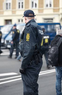 Buy stock photo Law enforcement, protection and security with policeman in street for peace, safety and authority. Emergency services, justice and guard with male person in city for help, order and arrest