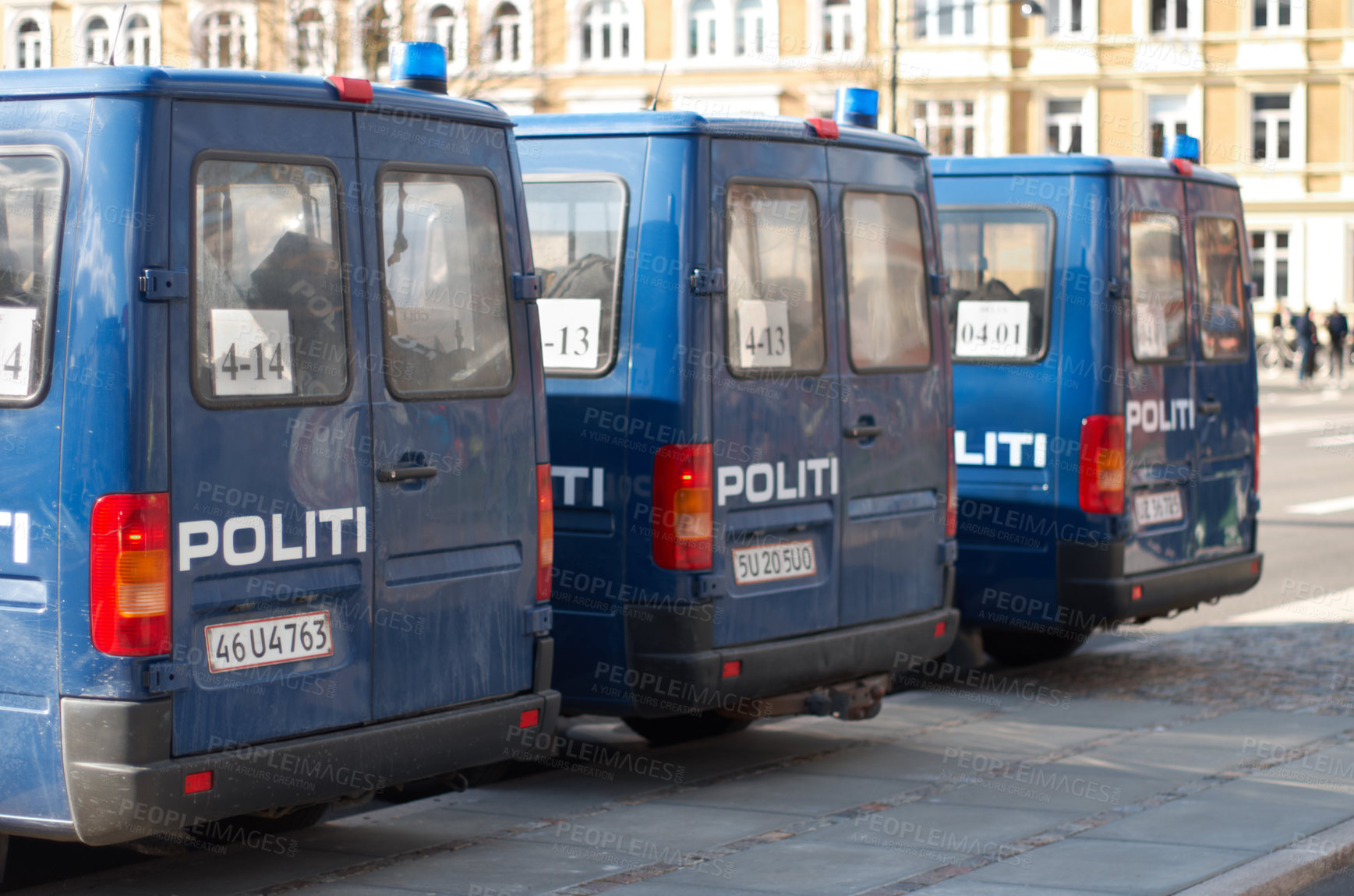 Buy stock photo Police, van and street with transport, safety and protection service for public with justice in city. Vehicle, law enforcement and outdoor for danger, arrest and patrol on urban road in Copenhagen