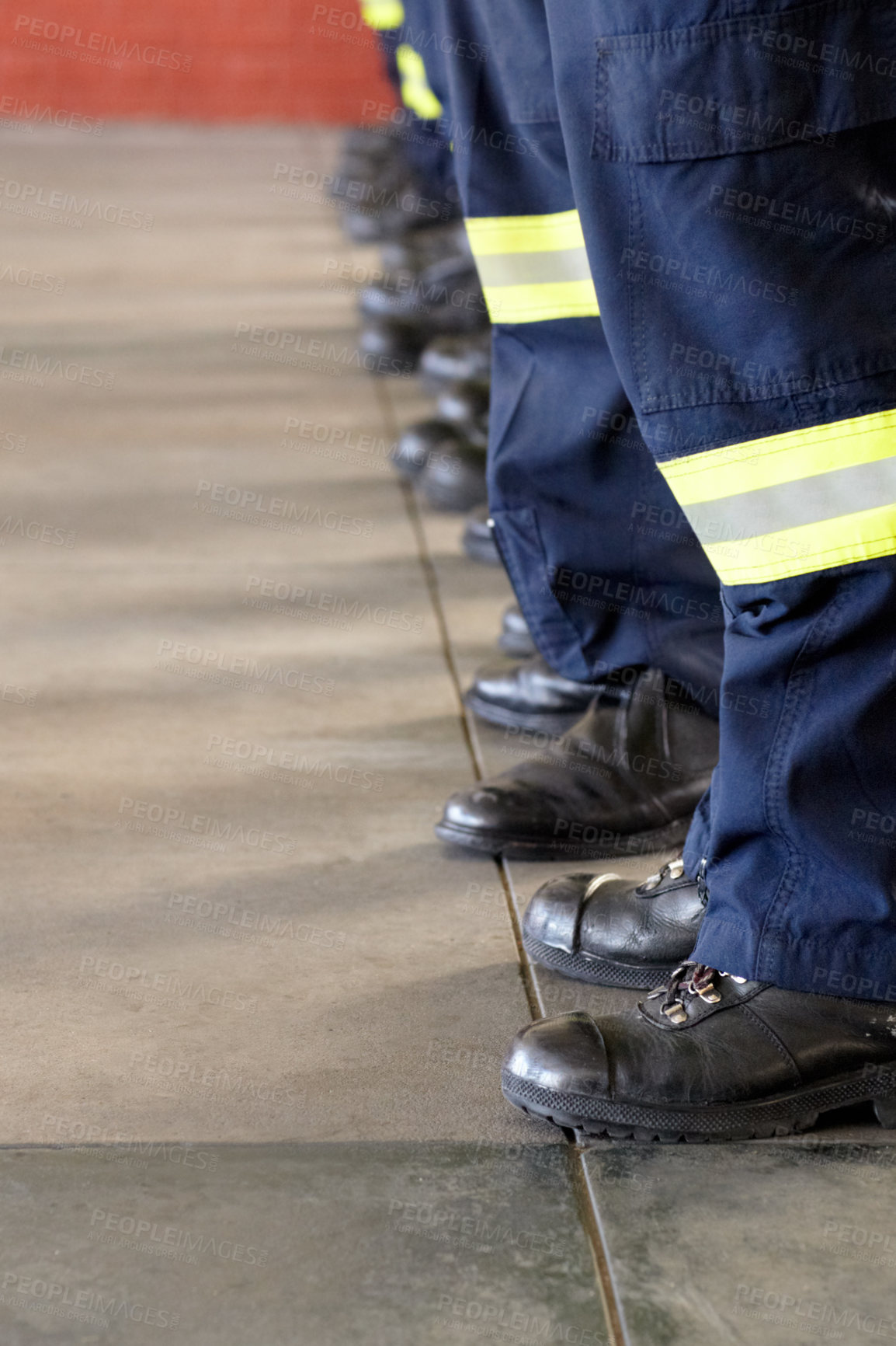 Buy stock photo Fireman service, legs and team of firefighter ready for emergency services, disaster prevention or fire fighting. Shoes, safety security and row of people, men or firemen group standing at attention