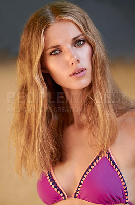 Buy stock photo Portrait, background and woman with bikini, frown and doubt for fashion, haircare and beauty. Confused female model, studio and actress with glowing natural make up, split ends and dry lifeless hair
