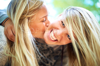 Buy stock photo Two friends having fun at a festival
