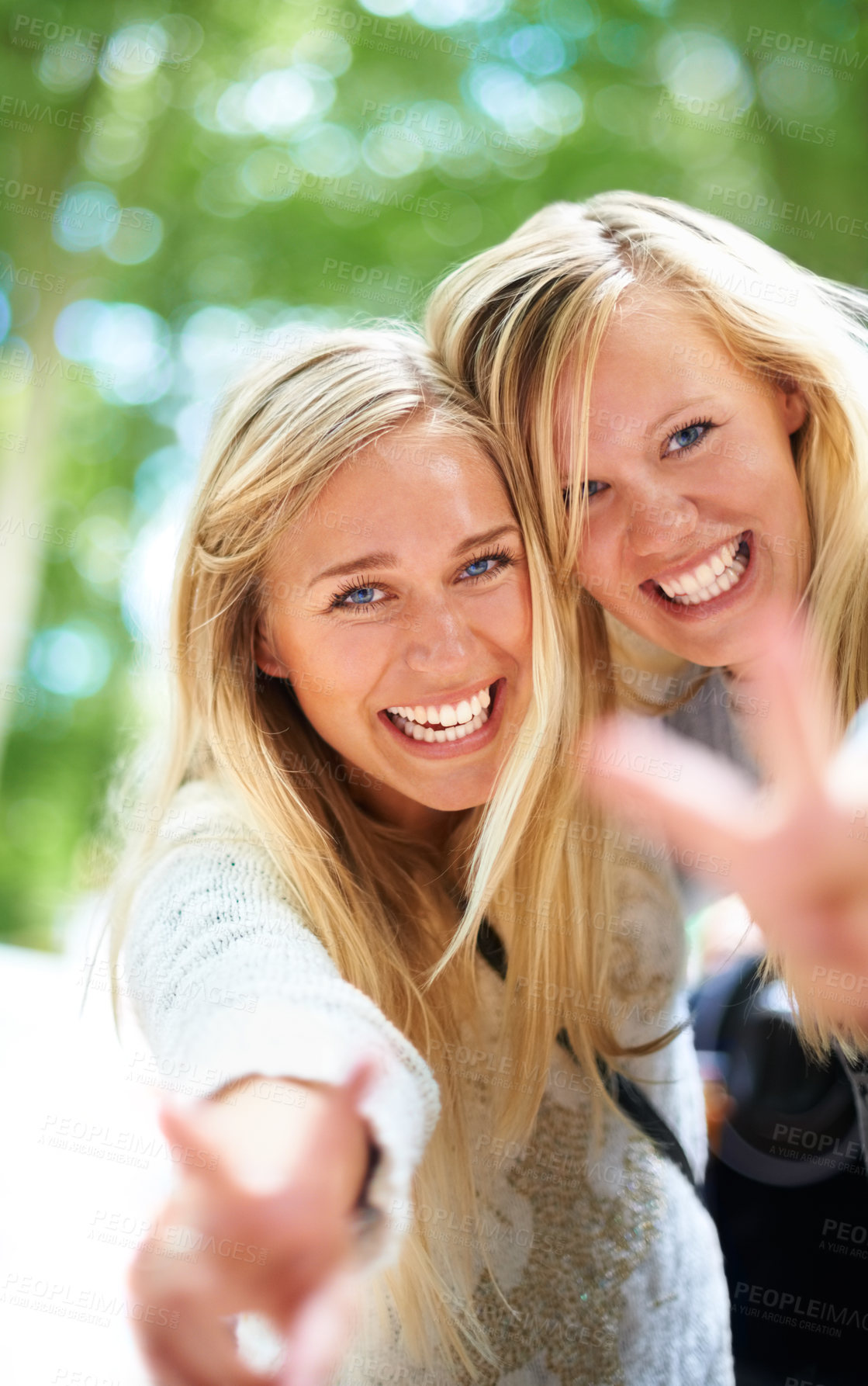 Buy stock photo Peace, hands and women portrait in a park for fun, adventure or bonding outdoor together. V, sign or face of friends in a forest with freedom, travel and journey, excited and enjoying weekend reunion