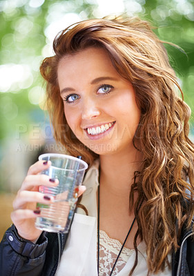 Buy stock photo Portrait, smile and woman with drink at music festival, bokeh or celebration outdoor. Face, happy or girl with beverage at party, alcohol and beauty of young female person on summer holiday in France