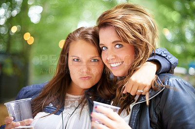 Buy stock photo Portrait, hug and women with beer, music festival and happiness with weekend break and summer. Face, people and friends in a park and woods for an event and party with alcohol and concert with fun