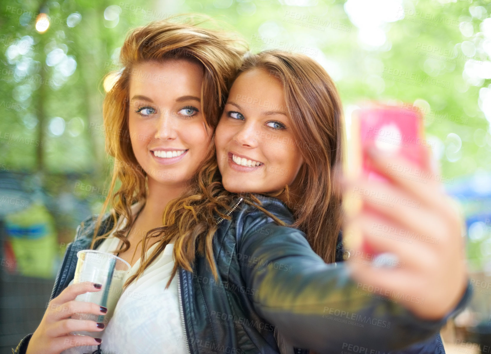 Buy stock photo Selfie, music festival and hug with women, outdoor and friends with social media and summer. Profile picture, forest and event with girls at a party with happiness and celebration with digital app