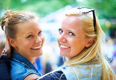 Buy stock photo Portrait, girls and happy friends at music festival outdoor, event or bonding at concert. Face, sunglasses or women together at party for celebration, carnival or smile of people having fun in nature