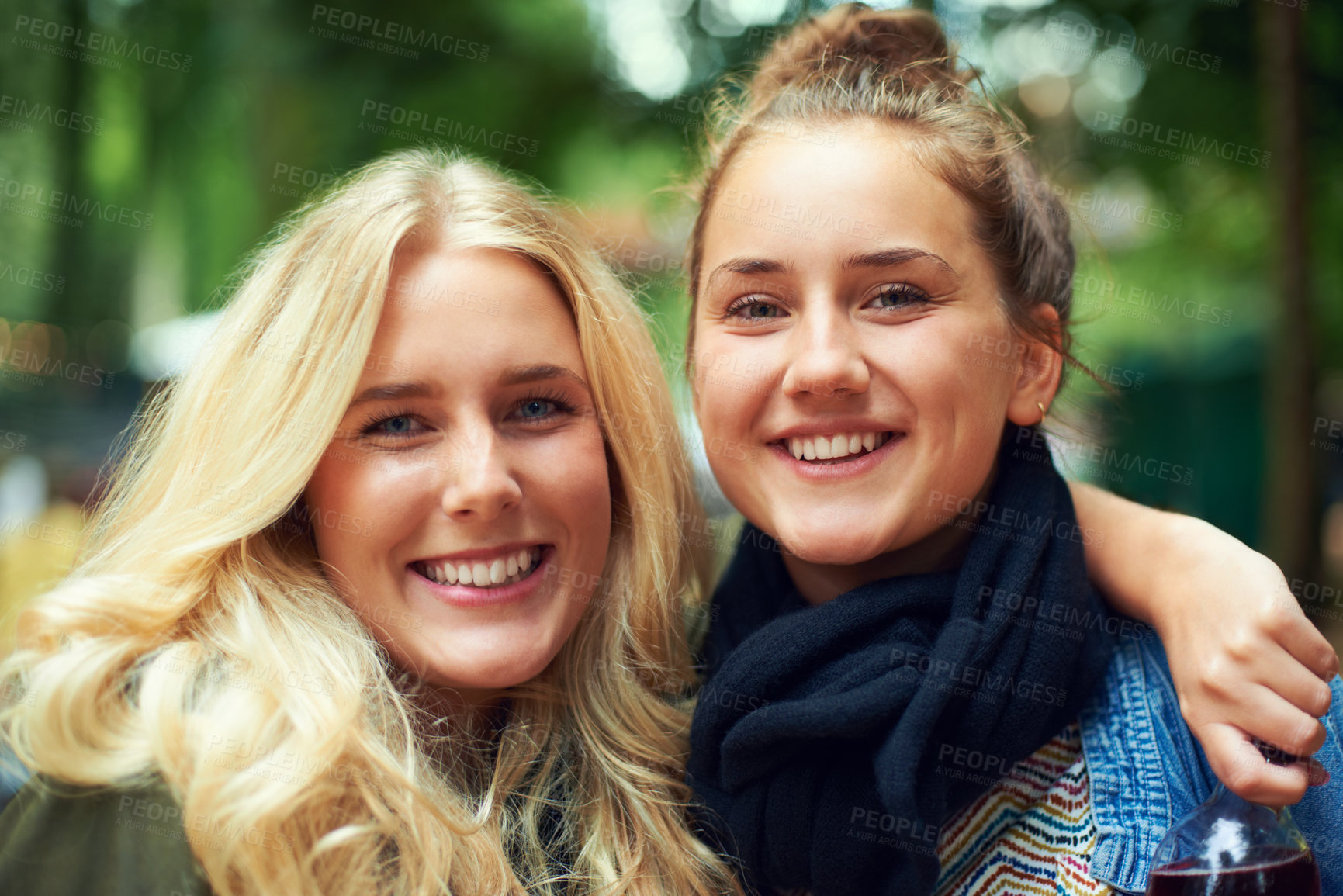 Buy stock photo Park, friends and portrait of women hug outdoors on holiday, vacation and weekend in nature. Happy, smile and face of people embrace for bonding, fun and relax together on adventure, travel and trip