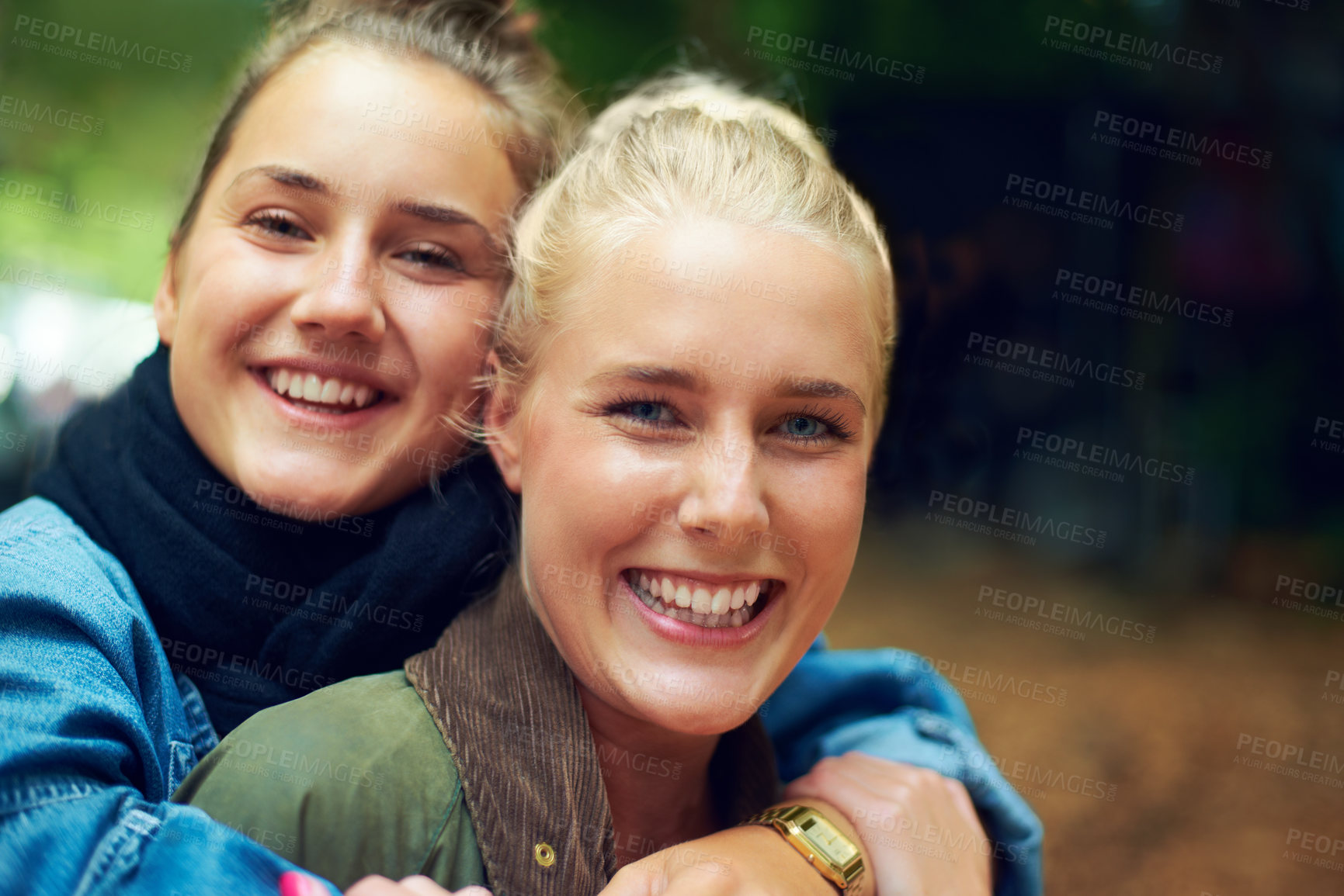 Buy stock photo Park, happy and portrait of women hug outdoors on holiday, vacation and weekend in nature. Friends, smile and face of people embrace for bonding, fun and relax together on adventure, travel and trip