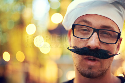 Buy stock photo Man, portrait or mustache and beret at festival for comic face, creative or confident in french fashion in nature. Person, glasses and happy in outdoor at carnival, bokeh and summer holiday in europe
