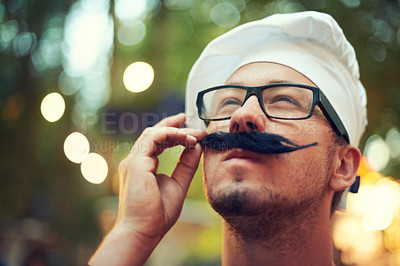 Buy stock photo Man, fake mustache and beret at concert with thinking in nature, creative idea and french fashion on vacation. Person, glasses and touch moustache for inspiration, muse and travel in bokeh in europe