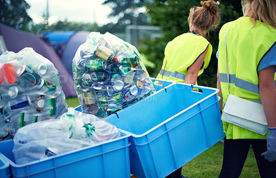 Buy stock photo Recycling, community service and volunteer work outdoor with cans and garbage at a park. Cleaning, sustainability and  bottle recycle with people helping with rubbish and pollution for environment