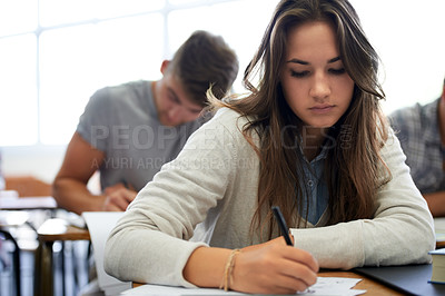 Buy stock photo University, writing and woman in classroom with notebook for development in learning, opportunity and future. Education, knowledge and growth for college student in lecture, studying for exam or test