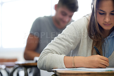 Buy stock photo College, writing and woman in classroom with notebook for development in learning, opportunity and future. Education, knowledge and growth for university student in lecture, studying for exam or test