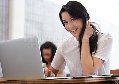 Buy stock photo Woman, student and portrait with laptop in university classroom for web assignment, project or learning. Female person, face and academic lecture for online notes or internet search, test or college