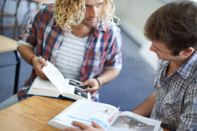 Buy stock photo Students, men and books for study at university with learning, education and research for knowledge. College, people and novel with information, project and assignment in classroom for scholarship