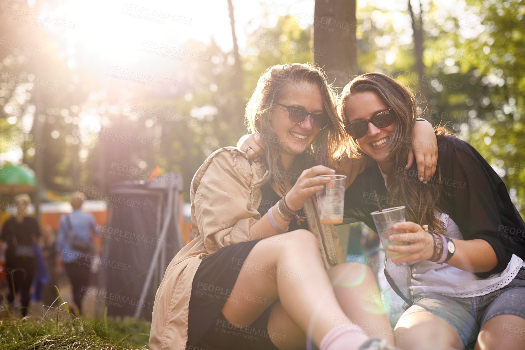 Buy stock photo Beer, laughing and woman friends in forest together with audience or crowd at event, festival or party. Smile, funny and young people having fun in nature woods for social gathering and celebration