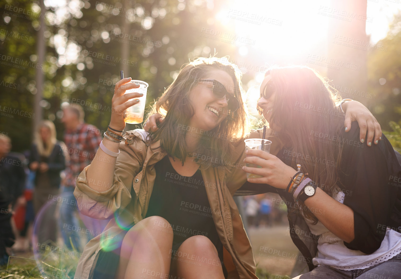 Buy stock photo Beer, laughing and woman friends in nature together with audience or crowd at event, festival or party. Smile, funny and young people having fun in forest woods for social gathering and celebration
