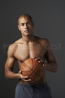Buy stock photo Man, portrait and basketball player, sport and fitness, shirtless model has ball and health on studio background. Young male athlete, sexy with exercise and training, body wellness and confidence