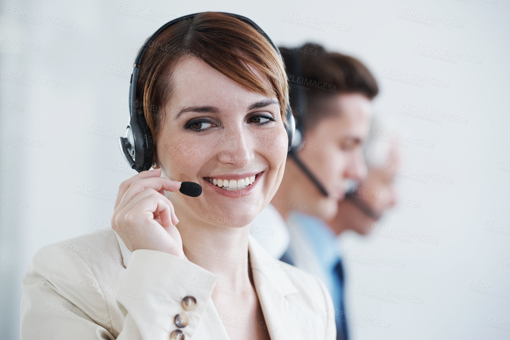 Buy stock photo Woman, callcenter and phone call, communication and contact us with headset and mic, coworking and smile. Telecom, customer service or telemarketing, agent with CRM for tech support or help desk