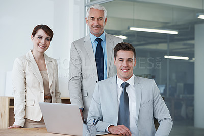 Buy stock photo Laptop, meeting and portrait of business people in office for research on corporate legal project in collaboration. Team, technology and group of attorneys work on law case with computer in workplace
