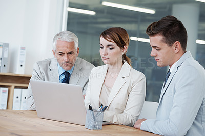Buy stock photo Laptop, teamwork or business people in meeting, discussion, conversation in workplace. Collaboration, manager or employees in office for planning a strategy, feedback report or financial info online