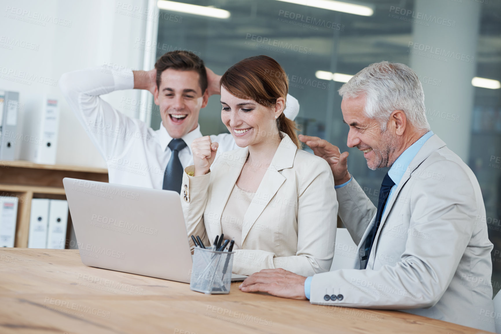 Buy stock photo Laptop, wow and success with business people in office boardroom for support, motivation or celebration. Computer, smile and winner employee group in workplace for goals, target or bonus notification