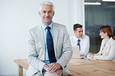 Buy stock photo Smile, manager and portrait of businessman in office at meeting with team for corporate legal case. Happy, confident and senior male attorney ceo on table in workplace boardroom for law project.