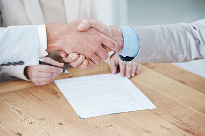 Buy stock photo Shaking hands, business people and contract, onboarding with human resources in meeting or interview. Paperwork, cooperation and partnership with signature, recruitment and handshake for welcome