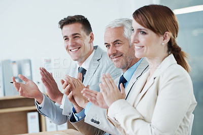Buy stock photo Business people, applause and support for success with praise and audience at presentation or seminar. Clapping hands, congratulations and team pride, workshop in conference room for winner or reward