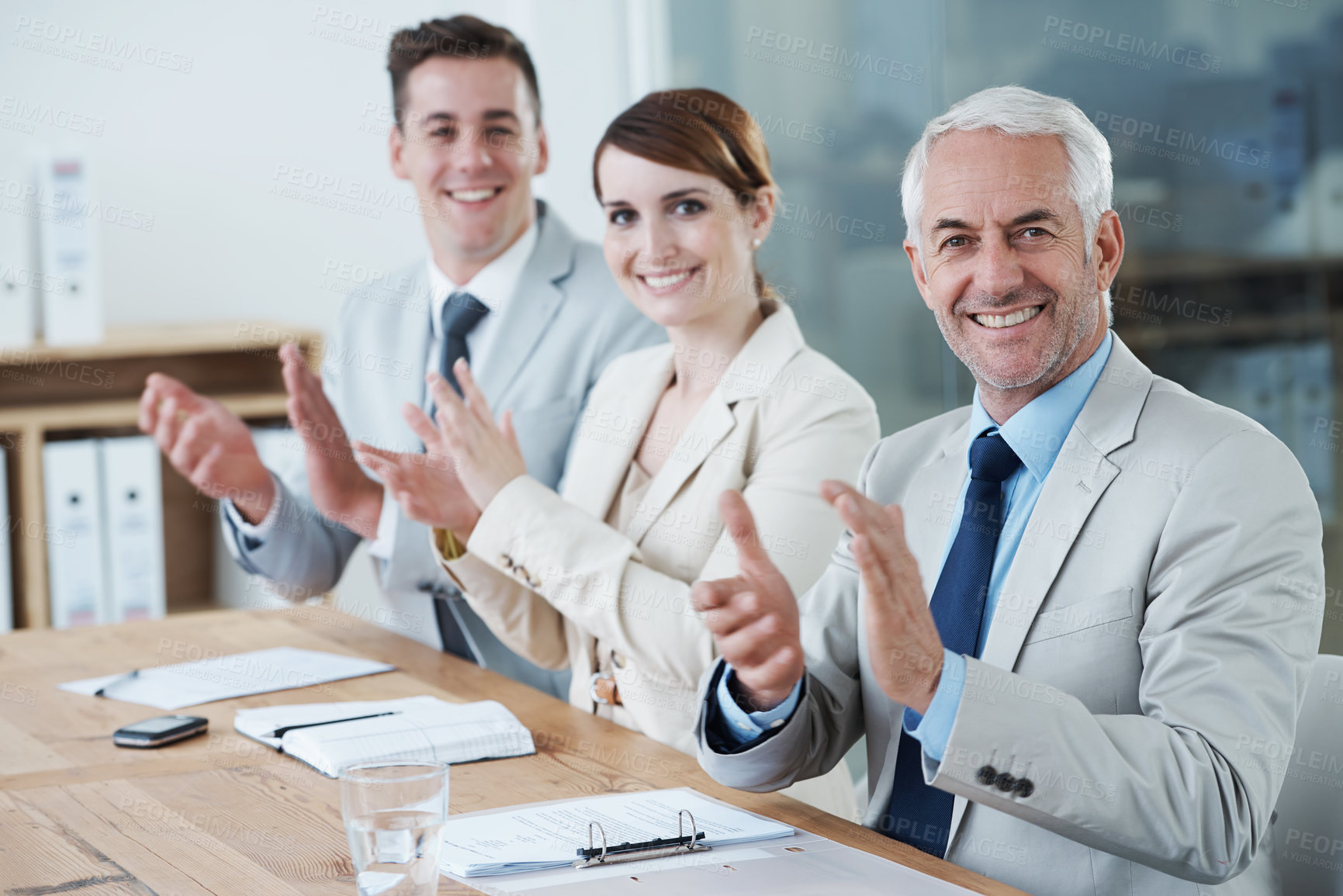 Buy stock photo Success, portrait or business people clapping in presentation for winning, team support or motivation. Happy, audience or applause of proud employees for target goals, achievement or celebration