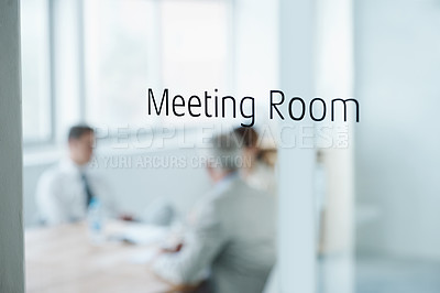 Buy stock photo Business people, glass door and meeting room sign for collaboration, planning or teamwork at office. Group, blur or employees with strategy for discussion, conversation or brainstorming at workplace